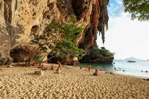 Krabi Thailand Jan 017 2015 Tourists Swim At Railay Cave Beach Koh