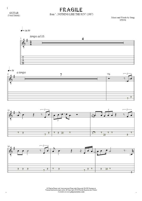Fragile Notes And Tablature For Guitar Melody Line Playyournotes