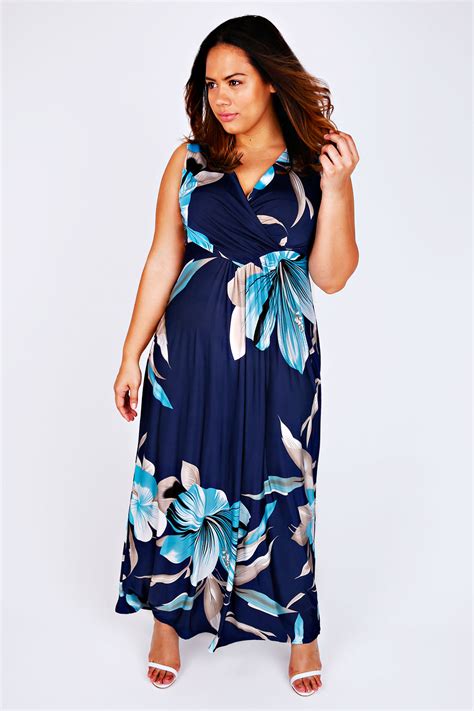 Navy And Aqua Tropical Lily Print Wrap Front Maxi Dress Plus Size 1416