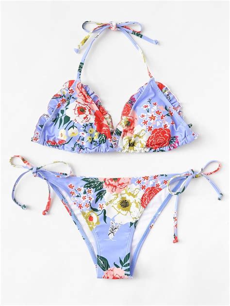 Flower Print Frill Self Tie Bikini Setfor Women Romwe Tie Bikini Set