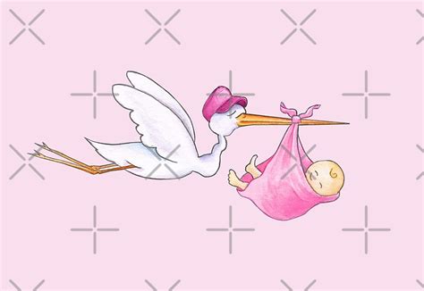 Baby Girl Carried By Stork New Baby Art By Sarah Trett Redbubble
