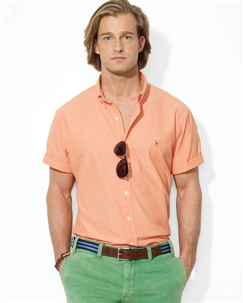 Lyst Ralph Lauren Polo Custom Short Sleeve Chambray Button Down Shirt Slim Fit In Orange For Men