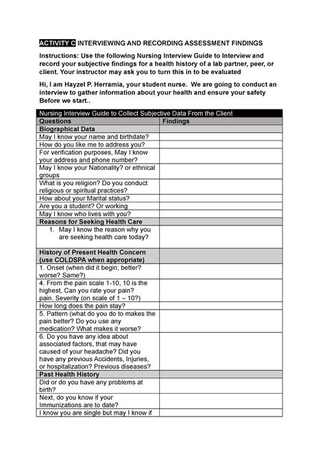 Activity C Interviewing And Recording Assessment Findings Activity C