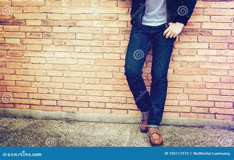 Smart Man Standing Front A Wall Background Stock Image Image Of Hipster Mobile 103117573