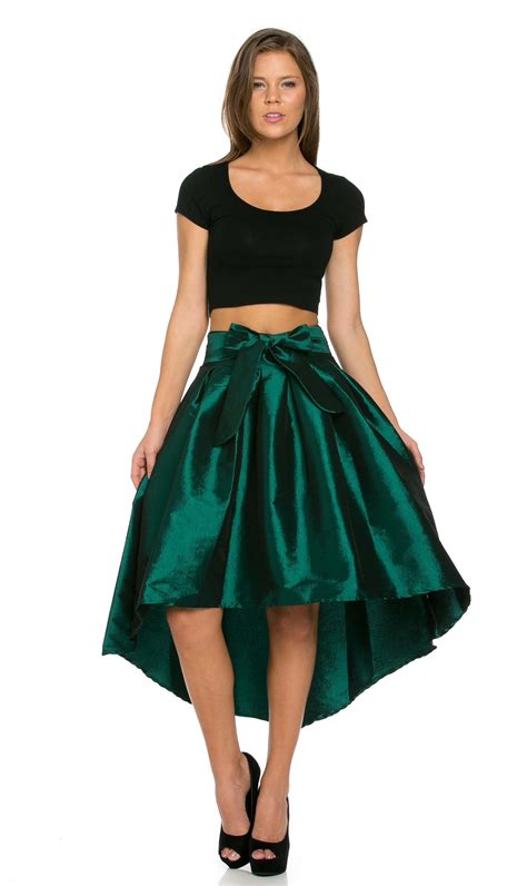 Forest Green Pleated High Low Taffeta Midi Skirt Shortsskirts