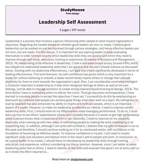Leadership Self Assessment Free Essay Example