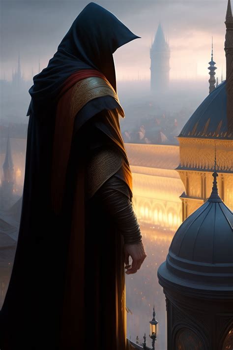 Lexica A Hooded Assassin Standing Atop A Rooftop Overlooking A Bustling Medieval City Art By