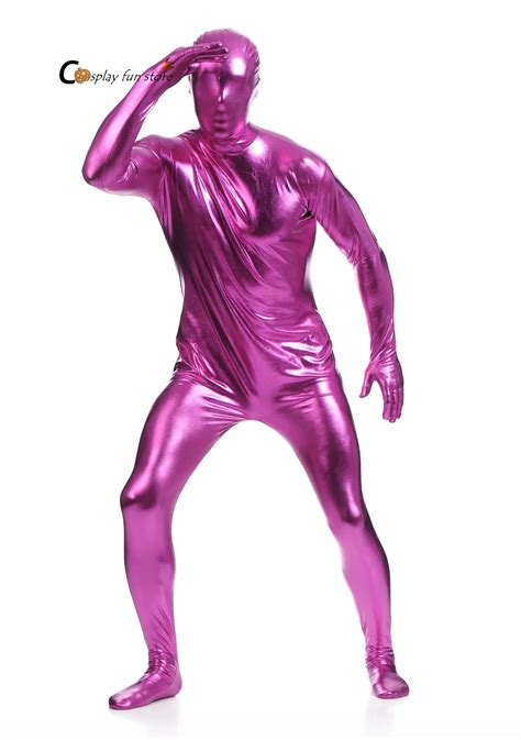2018 Free Shipping Shiny Lycra Shiny Pink Mens Catsuits Metallic Footed Zipper Zentai Bodysuit