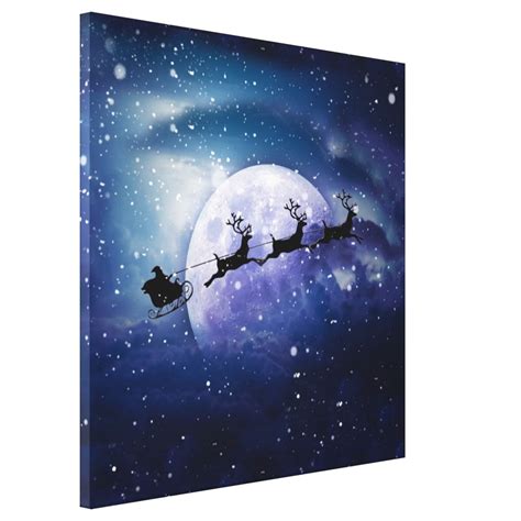 Santas Sleigh Flying Through The Night Sky Stretched Canvas Print On