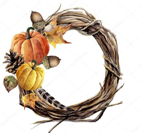 Watercolor Hand Painted Autumn Wreath Of Twig Wood Wreath With Pumpkin