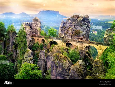 Bastei Bridge In The Elbe Sandstone Mountains Is The Major Landmark Of