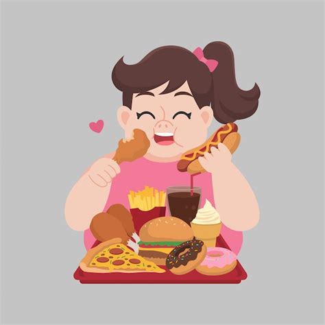 Mujer Gorda Feliz Comiendo Comida Chatarra Vector Premium