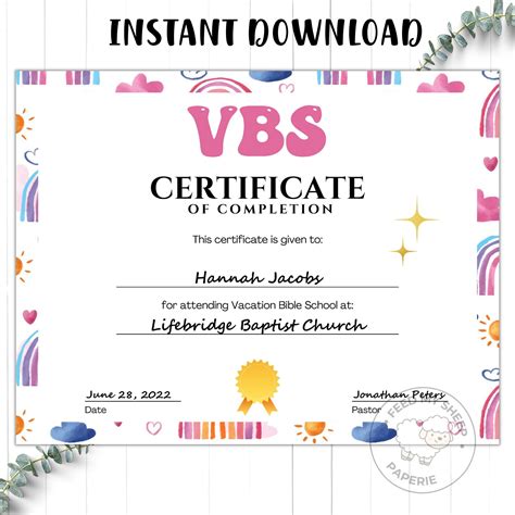Editable Printable Vbs Certificate Vbs Vacation Bible School Etsy