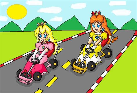 This Is A Art Of Classic Peach And Daisy Playing A Round Of Kart Racing Request Of Super Mario