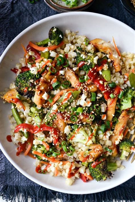 Arrange the bell pepper, broccoli, green beans, and carrots out on either side of the chicken. Sheet Pan Teriyaki Chicken and Cauliflower Rice - Simply ...