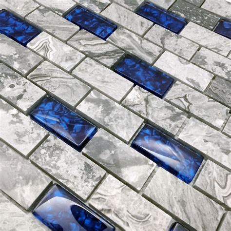 Buy Stone Mix Glass 1x2 Subway Tile Polished Gray And Royal Blue Mosaic