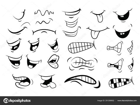 Outline Cartoon Mouth Set Tongue Smile Teeth Expressive Emotions Simple