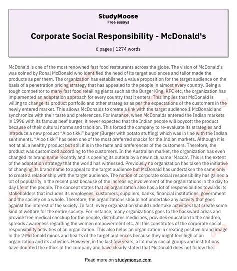 Corporate Social Responsibility Mcdonalds Free Essay Example