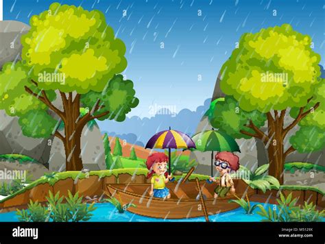 Rainy Day With Girl And Boy In The Park Illustration Stock Vector Image