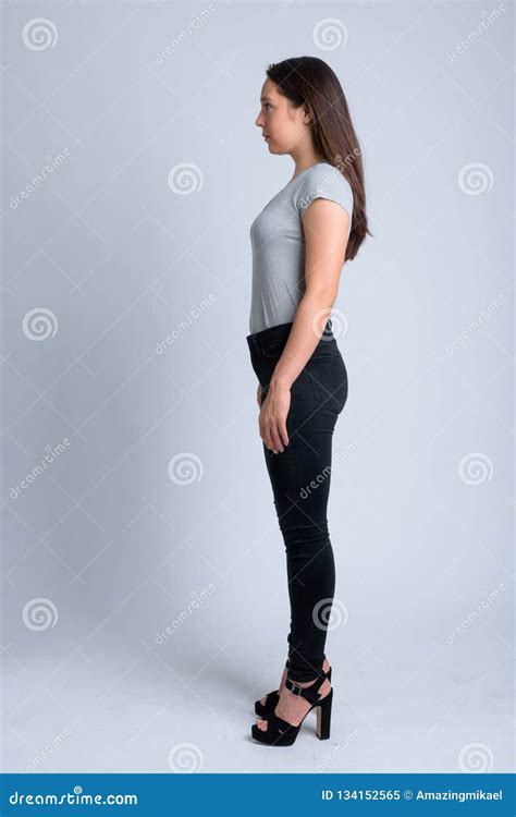 Full Body Shot Profile View Of Young Beautiful Multi Ethnic Woman