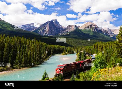 A Canadian Pacific Freight Train At Morants Curve Along The Bow River