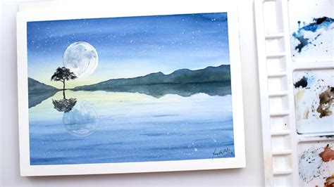 Watercolor Full Moon Over Water With Reflection Easy Painting For