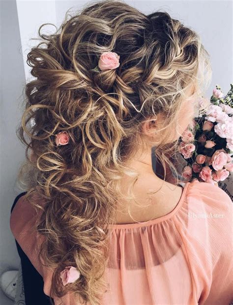Wedding Curly Half Updo With Roses Curly Wedding Hair Curly Hair