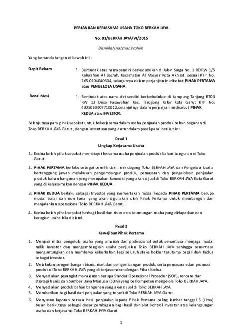 Detail Surat Perjanjian Kerjasama Usaha Koleksi Nomer