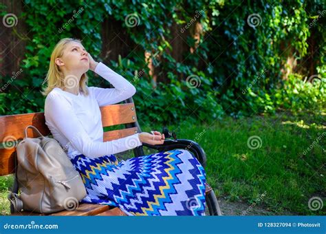 Girl Sit Bench Relaxing In Shadow Green Nature Background Woman Blonde Take Break Relaxing In