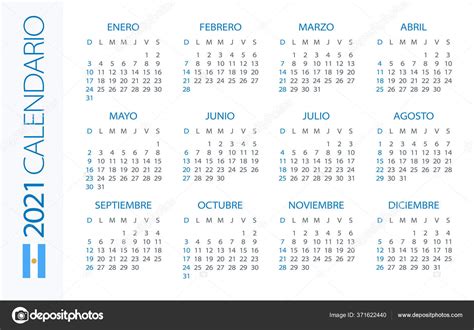 Calendario 2021 Año Horizontal Ilustración Vectorial Versión Argentina