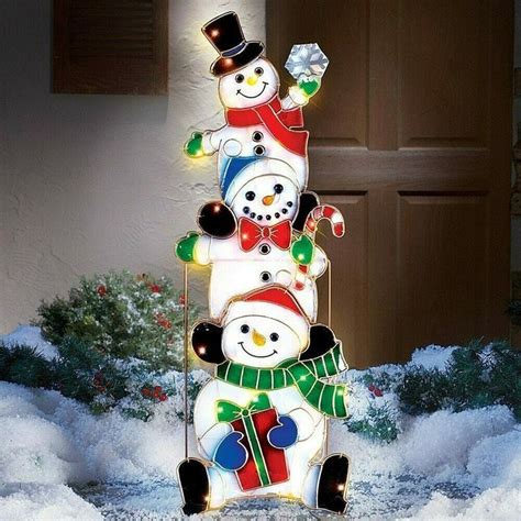 3ft Tall Lighted Stacked Snowmen Lawn Stake Outdoor Christmas