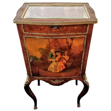 1880s Antique Jewelry Box French Ormolu Vernis Martin Vitrine Painted