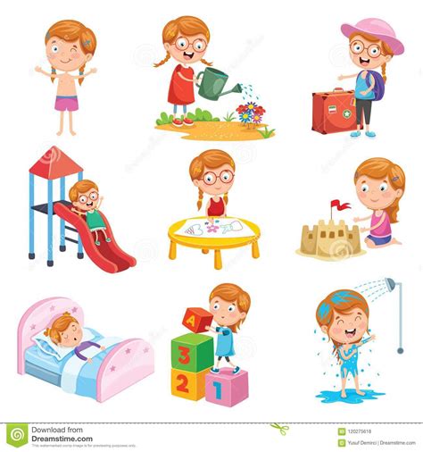 Vector Illustration Set Of Little Girl Daily Routines Stock Vector
