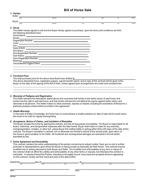 Printable Horse Bill Of Sale Template