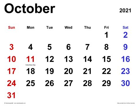 October 2021 Calendar Templates For Word Excel And Pdf