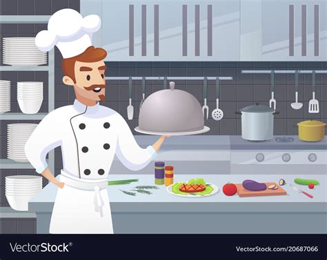 Commercial Kitchen With Cartoon Characters Chef Vector Image
