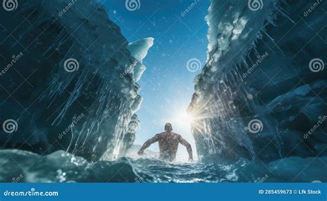 Ice Swimming Extreme Sports Back View Lifestyle Concept Stock