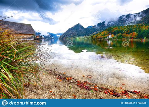 Idyllic Autumn Scene In Grundlsee Lake In Alps Mountains Austri Stock