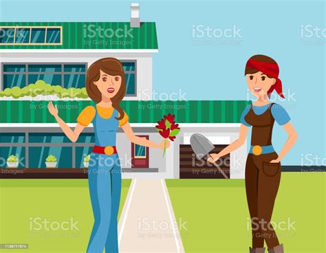 Two Female Neighbours Talking Vector Illustration Stock Illustration Download Image Now