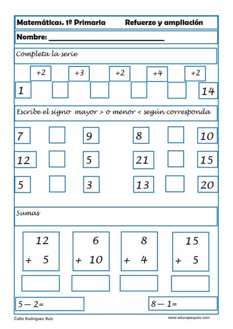 Fichas Matemáticas Primero De Primaria Refuerzo Y Ampliación