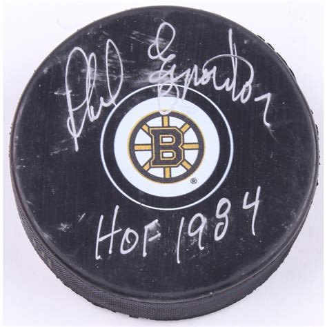 Phil Esposito Signed Bruins Logo Hockey Puck Inscribed Hof 1984 Jsa