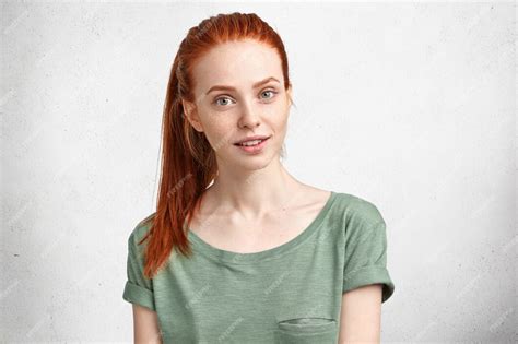 Free Photo Delighted Red Haired Female With Freckled Skin And