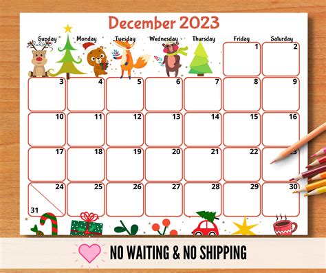 Editable December 2023 Calendar Printable Kids Calendar 2023 Etsy Finland