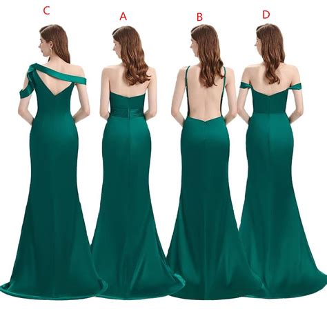 off the shoulder strapless elastic satin emerald green bridesmaid dresses · mychicdress · online