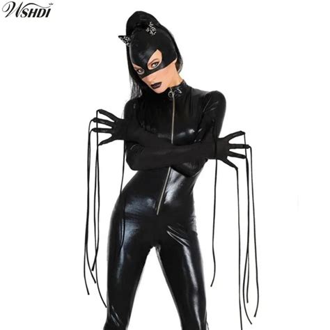 3 pcs sexy catwoman costume women black faux leather catsuit jumpsuit cat lady zipper bodysuit