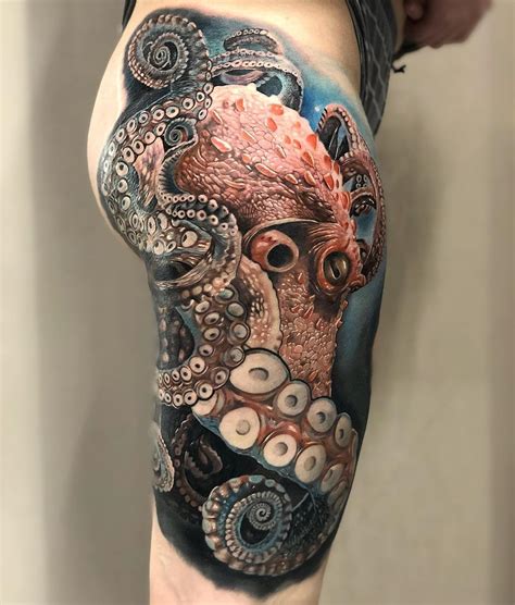 Realistic Octopus Hip And Thigh Tattoo