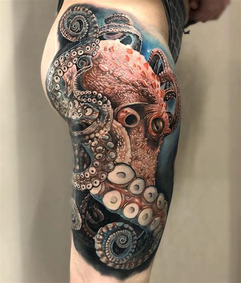 Blue is the color of power and strength. Realistic Octopus Hip & Thigh Tattoo | Best tattoo design ...