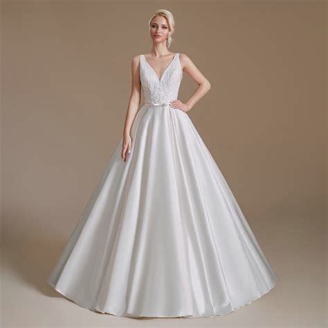 Satin Ball Gown Wedding Dress Strap Beaded Bridal Gown