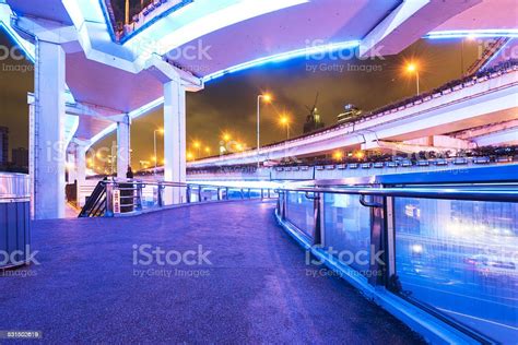 Shanghai Elevated Road Junction And Interchange Overpass At Night Stock