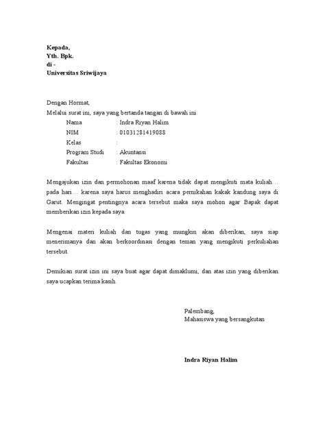 Contoh Surat Izin Tidak Masuk Kuliah Karena Acara Keluarga | PDF